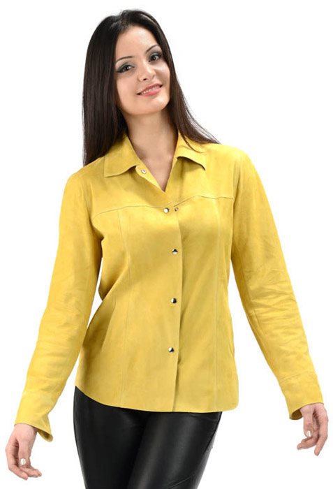 model wearing leather shirt model wearing yellow leather shirt