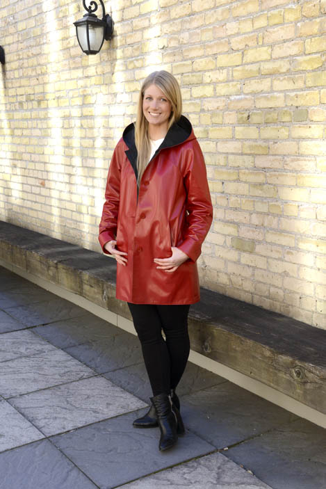 model in red leather coat model wearing red leather coat outside