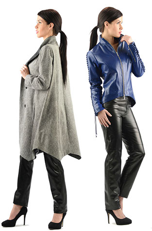 2 fashion models in leather coats