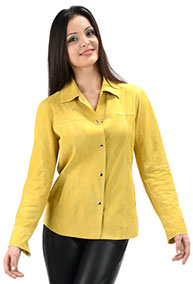 model wearing yellow leather shirt