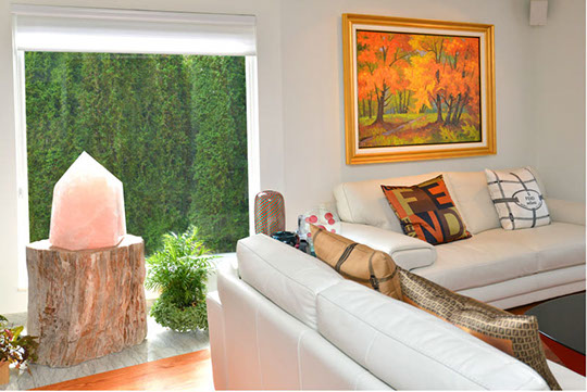 living room with crystal and other art