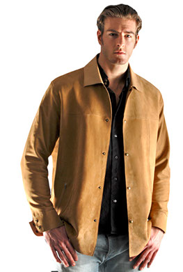 male model in tan leather shirt