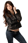 model in short leather black jacket